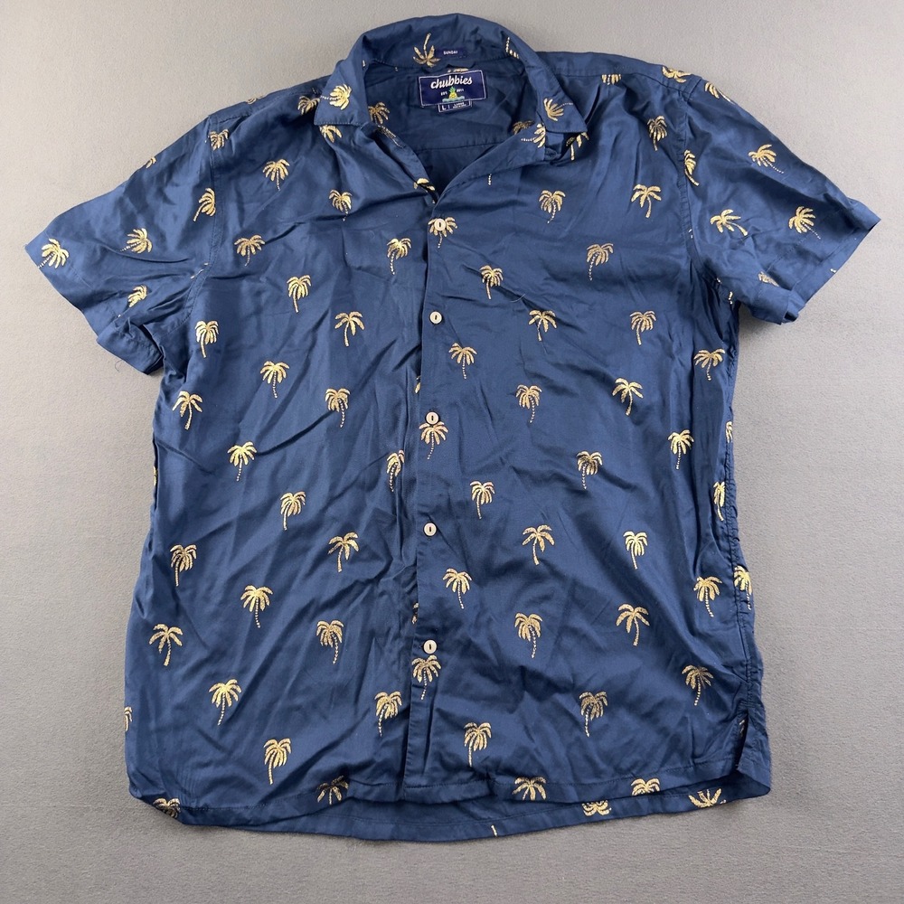 Chubbies Sunday Mens Large Navy Blue Gold Palm Tree Rayon Button Down Shirt